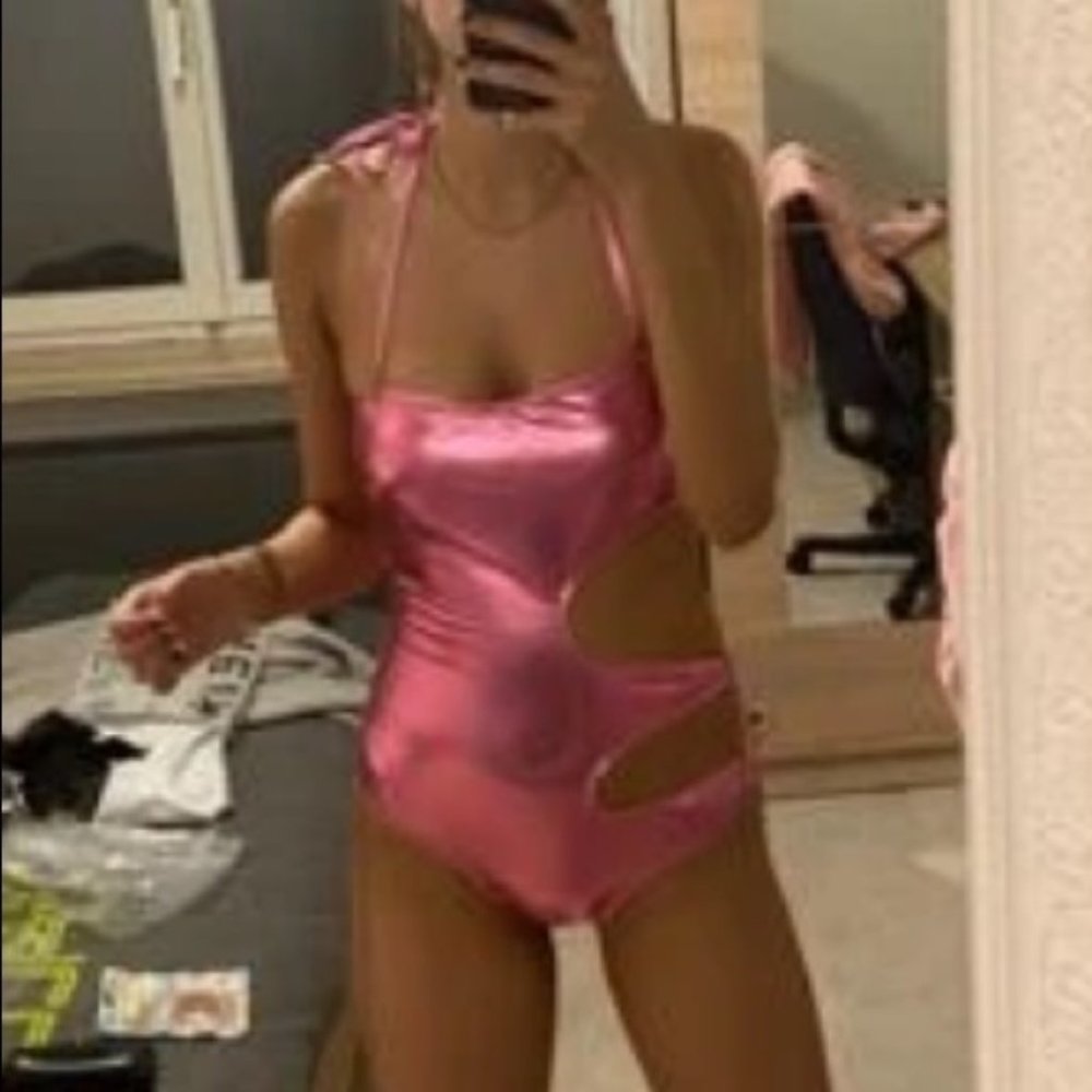 Plastic latex swimsuit metallic monokini cutout